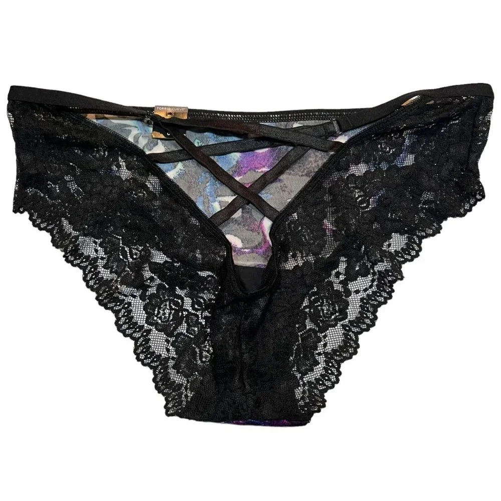 NWT TORRID Hipster Pantie Sz 1X Black Lace Back Silky Purple Blue